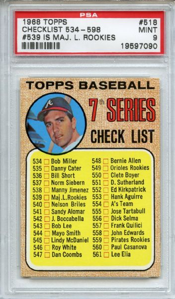 1968 Topps 518 7th Series Checklist # 539 is Maj L Rookies PSA MINT 9