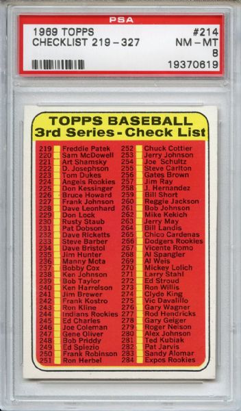 1969 Topps 214 3rd Series Checklist PSA NM-MT 8