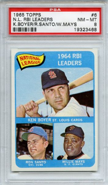 1965 Topps 6 NL RBI Leaders Boyer Santo Mays PSA NM-MT 8