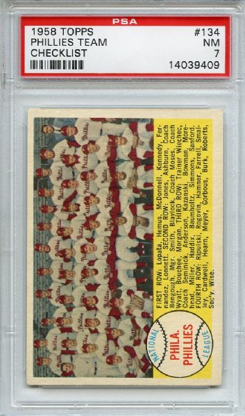 1958 Topps 134 Philadelphia Phillies Team Checklist PSA NM 7