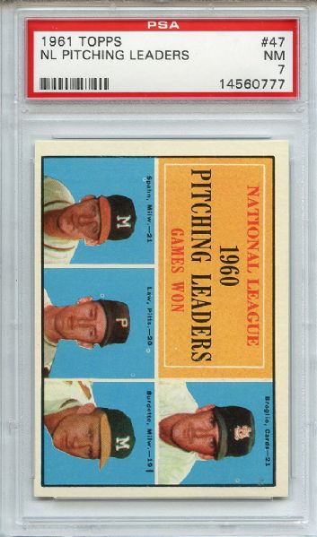 1961 Topps 47 NL Pitching Leaders Spahn PSA NM 7