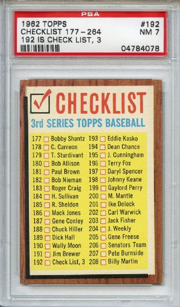1962 Topps 192 3rd Series Checklist PSA NM 7