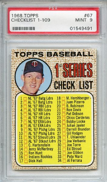 1968 Topps 67 1st Series Checklist Kaat PSA MINT 9