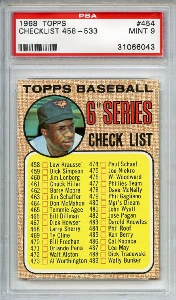 1968 Topps 454 6th Series Checklist Frank Robinson PSA MINT 9