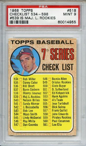 1968 Topps 518 7th Series Checklist PSA MINT 9