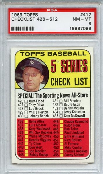 1969 Topps 412 5th Series Checklist Mickey Mantle PSA NM-MT 8