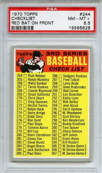 1970 Topps 244 3rd Series Checklist Red Bat PSA NM-MT+ 8.5