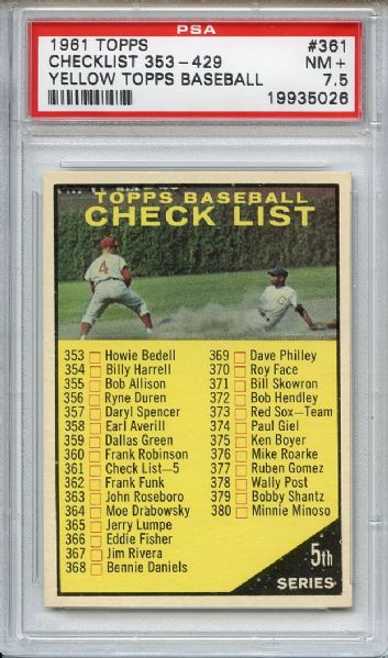 1961 Topps 361 5th Series Checklist Yellow PSA NM+ 7.5