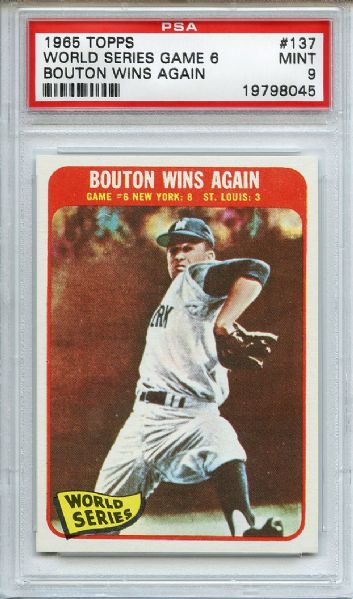 1965 Topps 137 World Series Game 6 Bouton Wins Again PSA MINT 9