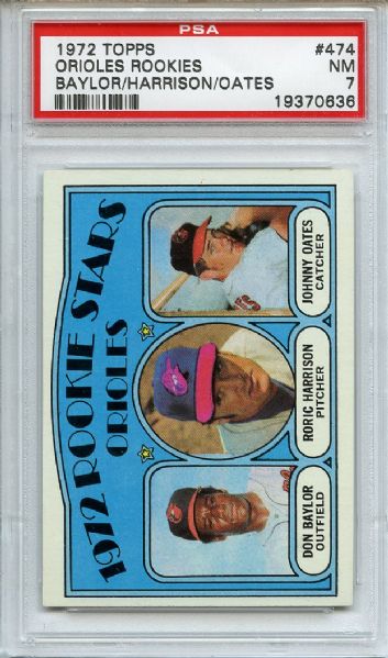 1972 Topps 474 Orioles Rookies Baylor Oates PSA NM 7