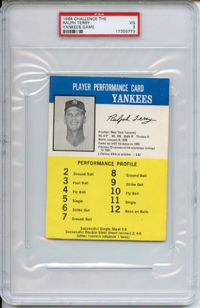1964 Challenge The Yankees Game Ralph Terry PSA VG 3