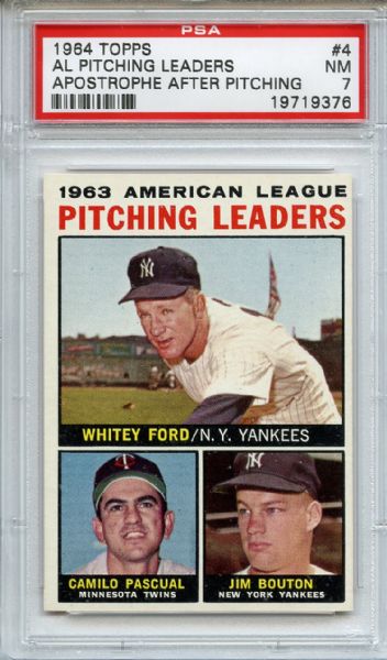 1964 Topps 4 AL Pitching Leaders Apostrophe After Pitching Ford PSA NM 7