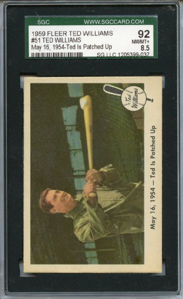 1959 Fleer 51 Ted Williams is Patched Up SGC NM/MT+ 92 / 8.5