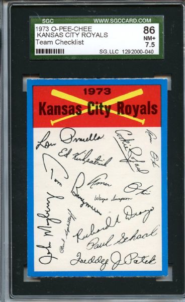 1973 O-Pee-Chee Kansas City Royals Team Checklist SGC NM+ 86 / 7.5