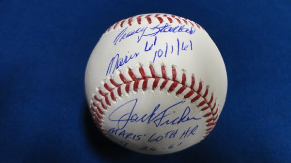 Tracy Stallard - Jack Fisher Dual Signed OML Baseball W/ Maris Inscriptions - JSA COA