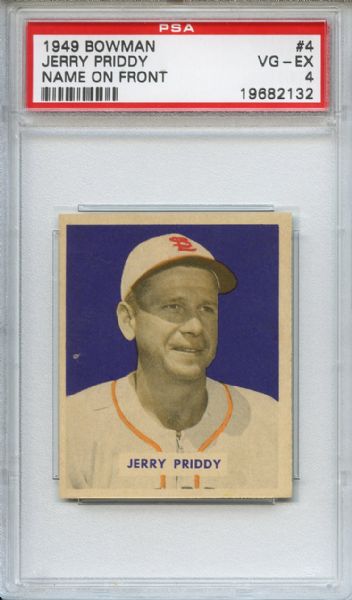 1949 Bowman 4 Jerry Priddy Name on Front PSA VG-EX 4