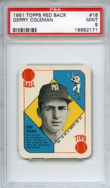 1951 Topps Red Back 18 Gerry Coleman PSA MINT 9