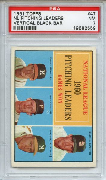 1961 Topps 47 NL Pitching Leaders Spahn PSA NM 7