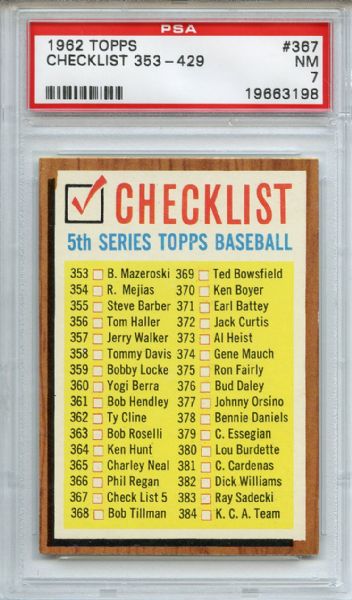 1962 Topps 367 5th Series Checklist PSA NM 7