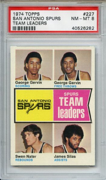 1974 Topps 227 San Antonio Spurs Team Leaders Gervin PSA NM-MT 8