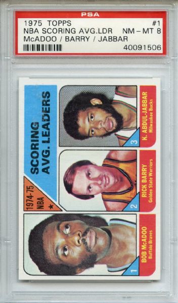 1975 Topps 1 NBA Scoring Avg Leaders McAdoo Abdul-Jabbar PSA NM-MT 8