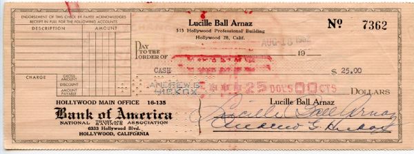 Lucille Ball Arnaz Signed Check