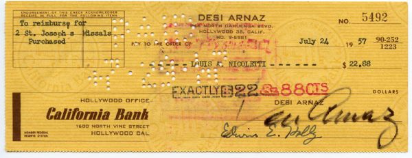 Desi Arnaz Signed Check