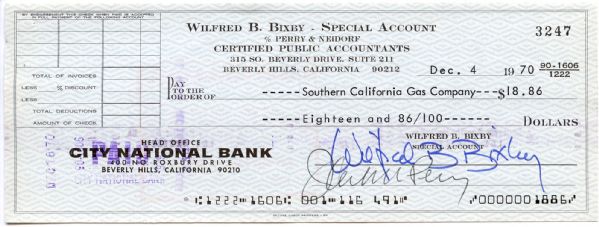 Wilfred Bixbey Signed Check