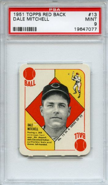 1951 Topps Red Back 13 Dale Mitchell PSA MINT 9