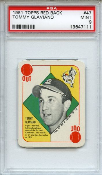 1951 Topps Red Back 47 Tommy Glaviano PSA MINT 9