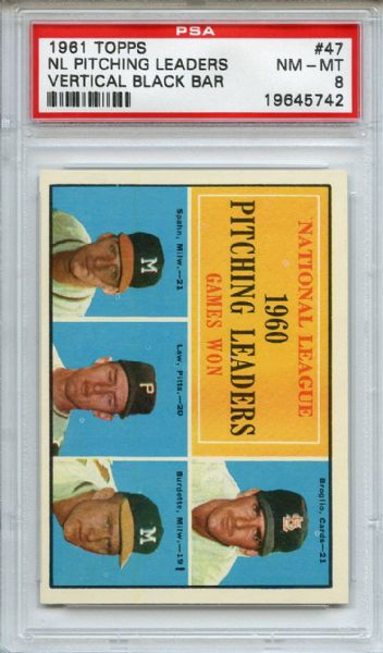 1961 Topps 47 NL Pitching Leaders Spahn PSA NM-MT 8