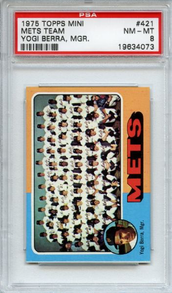 1975 Topps Mini 421 New York Mets Team Yogi Berra PSA NM-MT 8