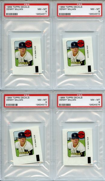 (4) 1969 Topps Decals Denny McLain PSA NM-MT 8