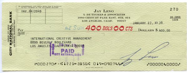 Jay Leno Signed Check