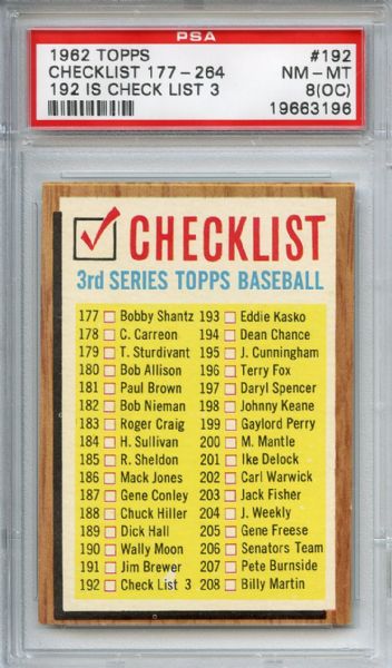 1962 Topps 192 3rd Series Checklist PSA NM-MT 8 (OC)