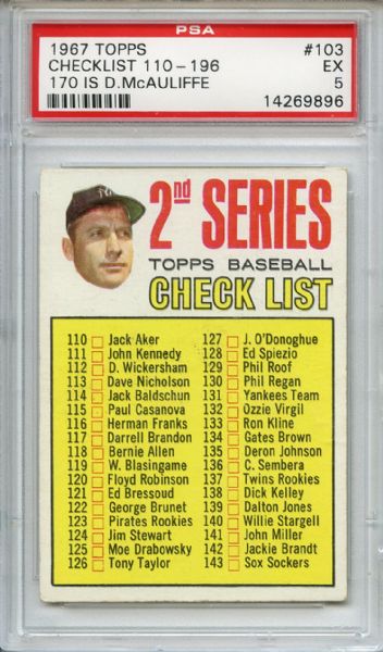 1967 Topps 103 2nd Series Checklist Mickey Mantle PSA EX 5