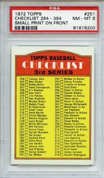 1972 Topps 251 3rd Series Checklist PSA NM-MT 8