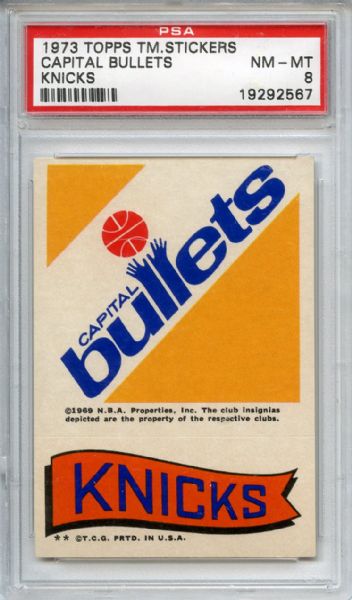 1973 Topps Team Stickers Capital Bullets Knicks PSA NM-MT 8