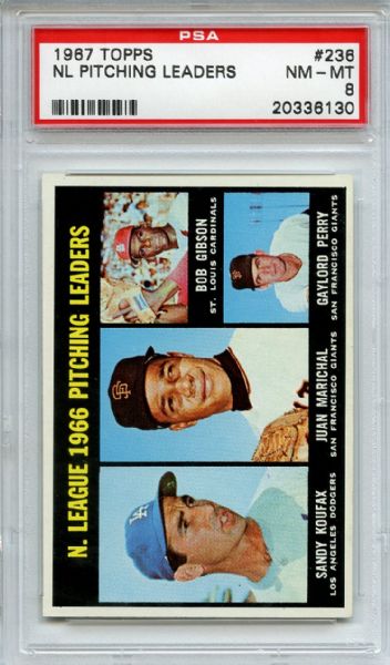 1967 Topps 236 NL Pitching Leaders Koufax, Marichal, Gibson, Perry PSA NM-MT 8