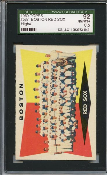 1960 Topps 537 Boston Red Sox Team SGC NM/MT+ 92 / 8.5