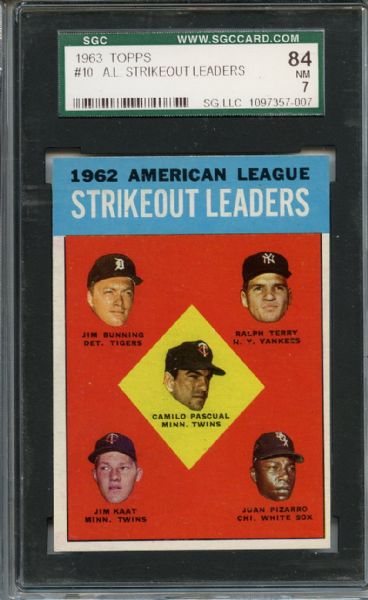 1963 Topps 10 AL Strikeout Leaders Bunning SGC NM 84 / 7