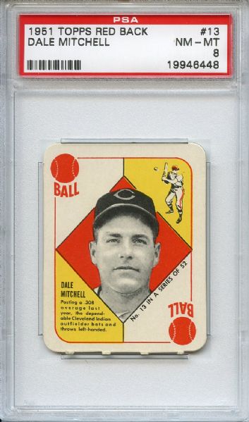 1951 Topps Red Back 13 Dale Mitchell PSA NM-MT 8