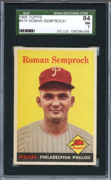 1958 Topps 474 Roman Semproch SGC NM 84 / 7