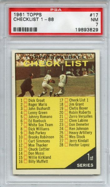 1961 Topps 17 1st Series Checklist PSA NM 7