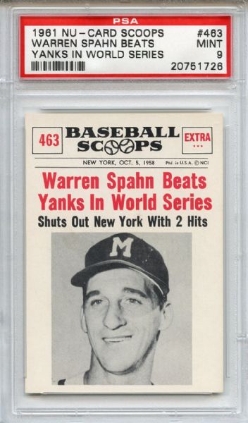 1961 Nu-Card Scoops 463 Warren Spahn PSA MINT 9
