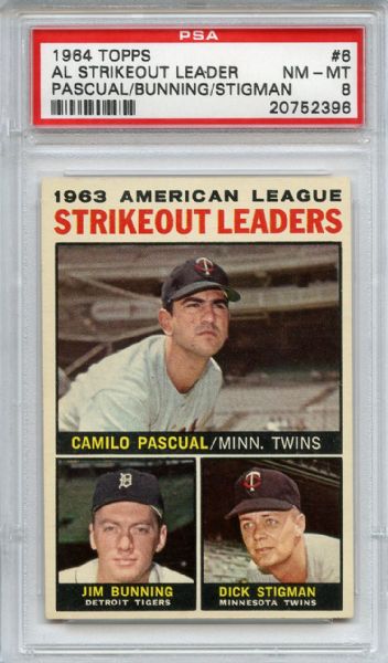 1964 Topps 6 AL Strikeout Leaders Bunning PSA NM-MT 8