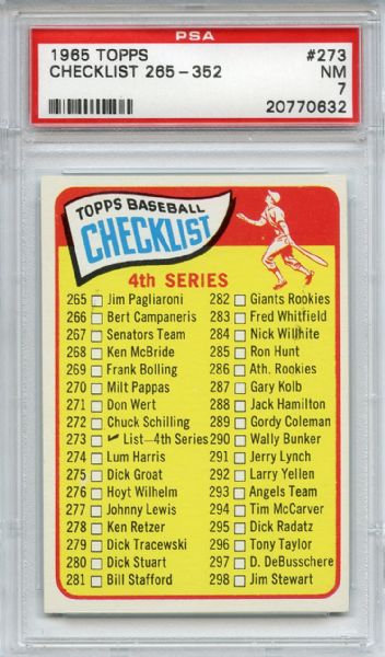 1965 Topps 273 Checklist PSA NM 7