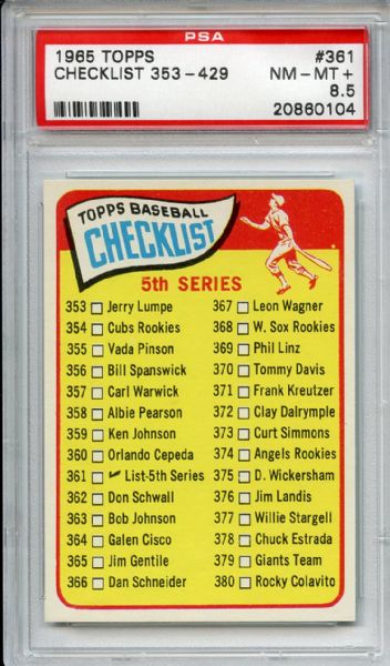 1965 Topps 361 5th Series Checklist PSA NM-MT+ 8.5