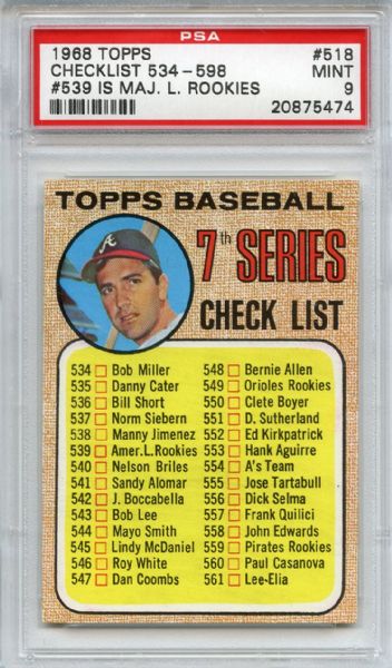 1968 Topps 518 7th Series Checklist Maj L Rookies PSA MINT 9