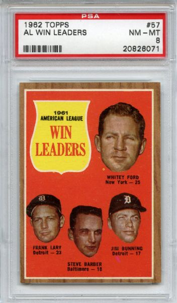 1962 Topps 57 AL Win Leaders Ford Bunning PSA NM-MT 8